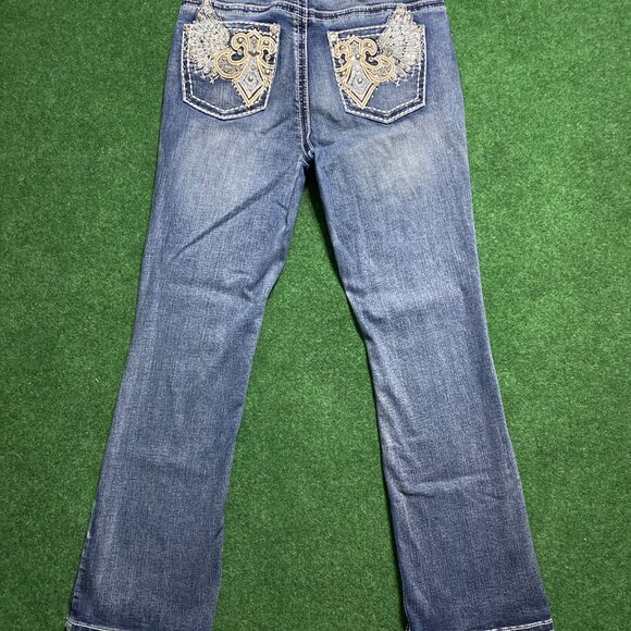 Women’s Answer Me Fleur De Lis Rhinestone Jeans Dark Wash (Unsized, Est. 29) - Picture 3 of 6